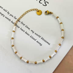 Summer white color bamboo shell stainless steel bead bracelet