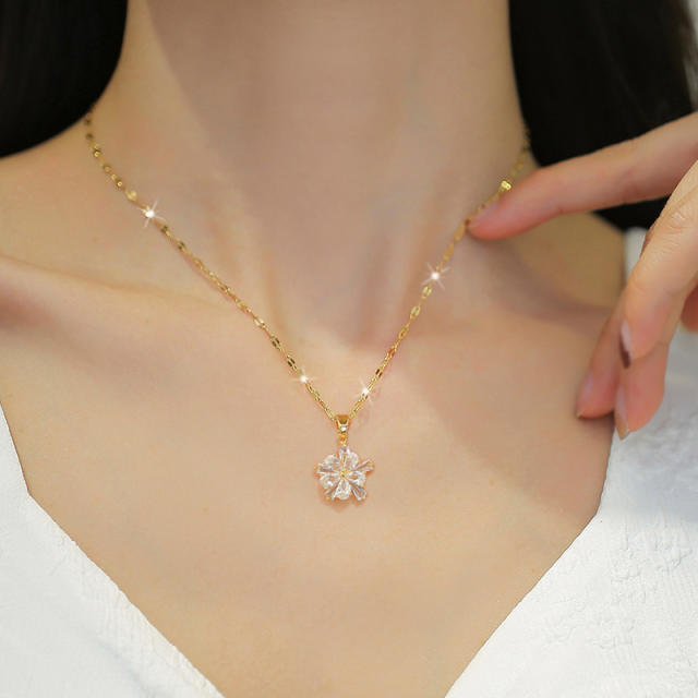 Delicate diamond two layer clover stainless steel chain necklace set