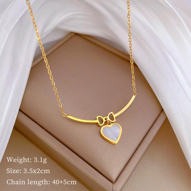 Delicate mother shell heart cute bow dainty stainless steel necklace