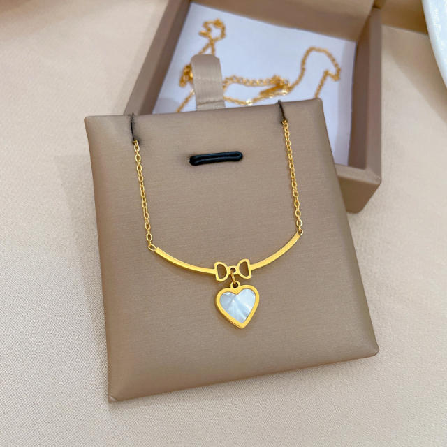 Delicate mother shell heart cute bow dainty stainless steel necklace