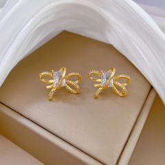 Dainty diamond bow stainless steel chain necklace set