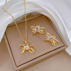 Dainty diamond bow stainless steel chain necklace set