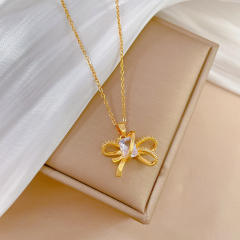 Dainty diamond bow stainless steel chain necklace set