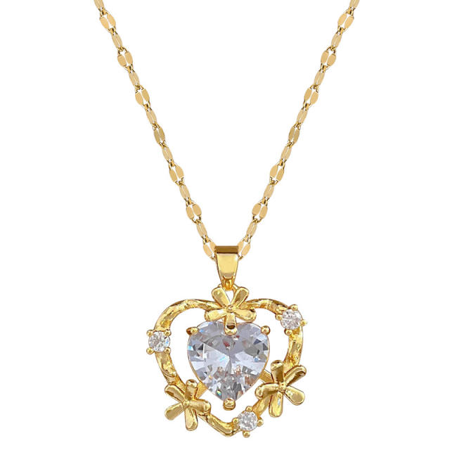 Dainty diamond heart stainless steel chain necklace set