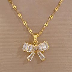 Decliate dainty diamond bow stainless steel chain necklace set
