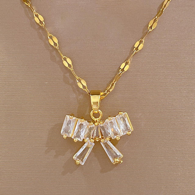 Decliate dainty diamond bow stainless steel chain necklace set