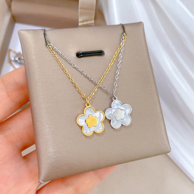Dainty mother shell five petal flower pendant stainless steel necklace