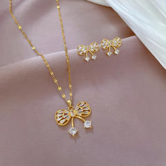 Dainty diamond bow stainless steel chain necklace set