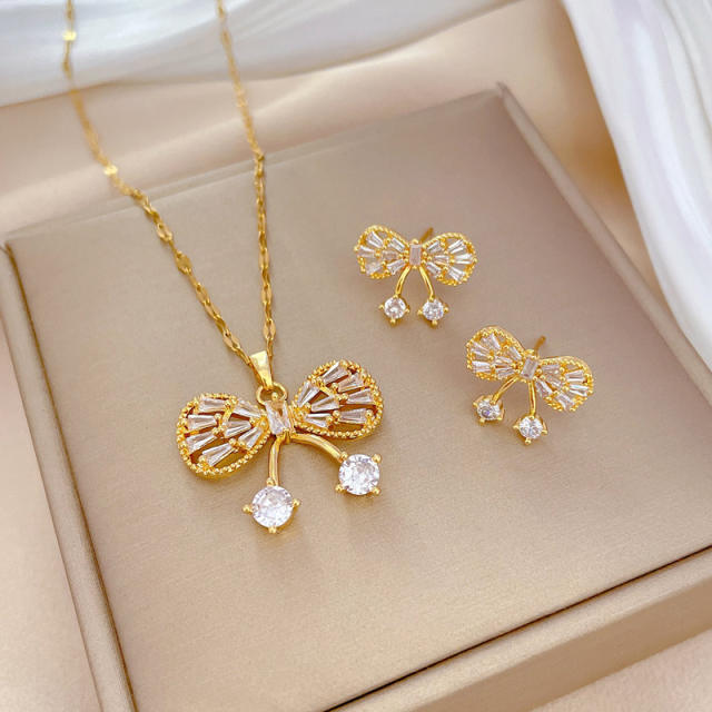 Dainty diamond bow stainless steel chain necklace set