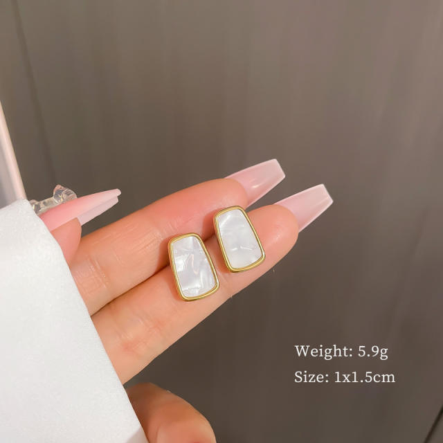 Simple white mother shell geometric stainless steel studs earrings