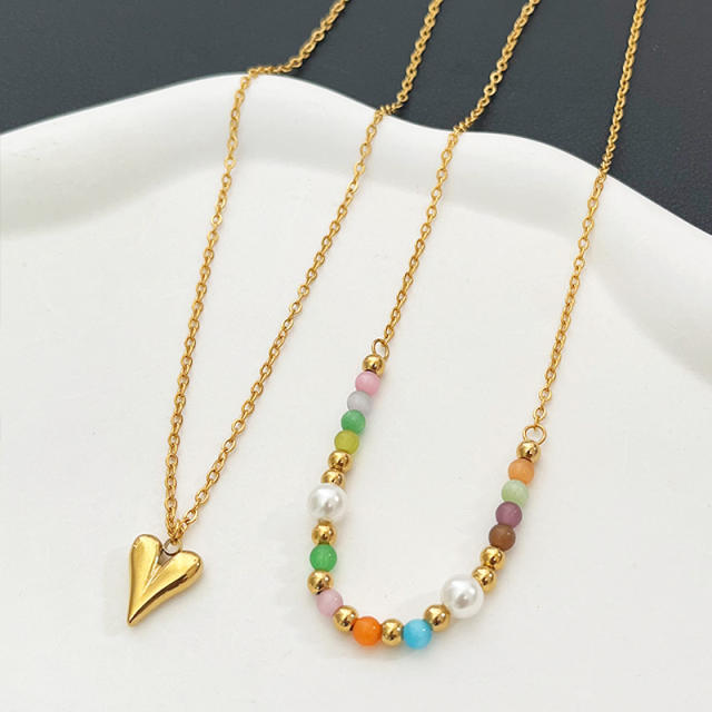 Vintage colorful opal stone heart pendant stainless steel necklace