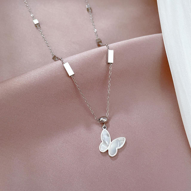 Dainty mother shell butterfly pendant stainless steel necklace