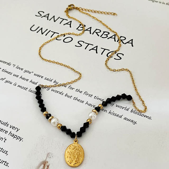 Handmade black bead pearl bead coin pendant stainless steel necklace