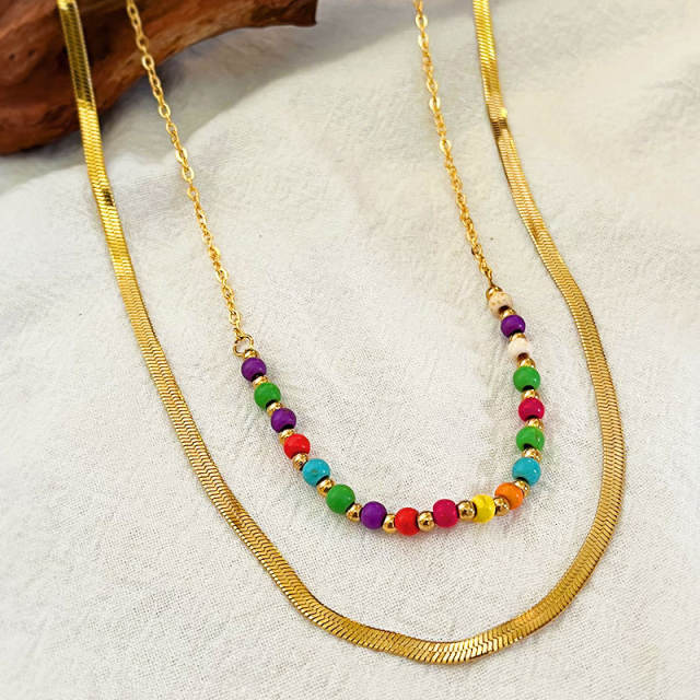 Summer colorful bead snake chain two layer stainless steel necklace