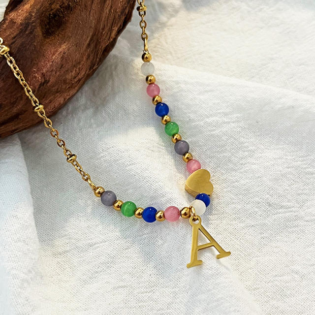 Boho colorful opal stone bead initial letter stainless steel necklace