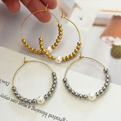 Concise pearl bead stainless steel hoop earrings