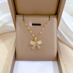 Decliate dainty diamond bow stainless steel chain necklace set