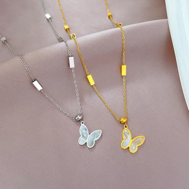 Dainty mother shell butterfly pendant stainless steel necklace