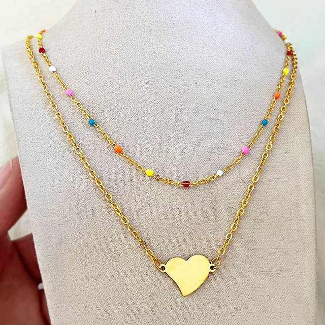 Spring two layer colorful enamel tiny bead heart stainless steel necklace