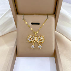 Dainty diamond bow stainless steel chain necklace set