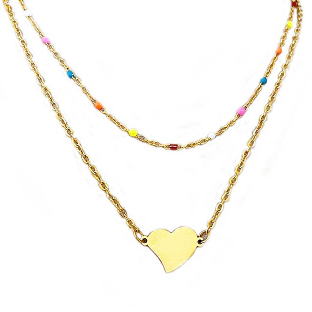 Spring two layer colorful enamel tiny bead heart stainless steel necklace