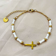 Holiday tiny side cross bamboo bead stainless steel bracelet