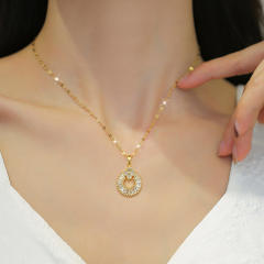 Delicate diamond circle tiny bow stainless steel necklace set