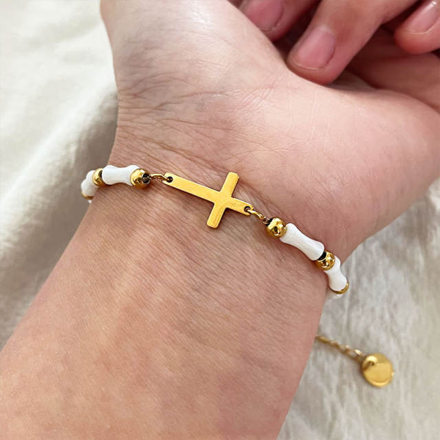 Holiday tiny side cross bamboo bead stainless steel bracelet
