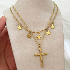 Simple tiny star cross pendant stainless steel necklace