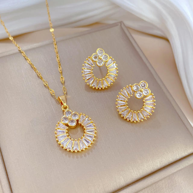 Delicate diamond circle tiny bow stainless steel necklace set