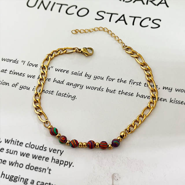 Vintage colorful natural stone bead stainless steel chain bracelet