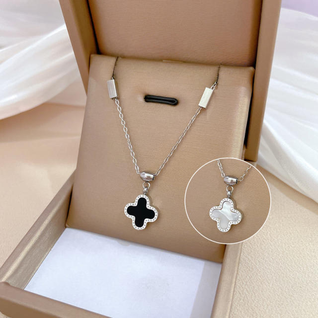 Dainty mother shell clover charm stainless steel necklace