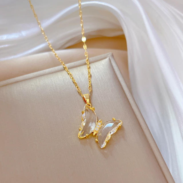 Dainty crystal butterfly stainless steel chain necklace set