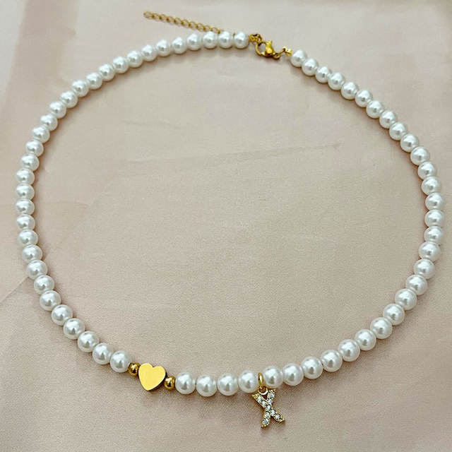 Handmade tiny heart initial letter stainless steel pearl bead necklace