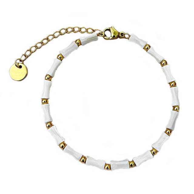 Summer white color bamboo shell stainless steel bead bracelet