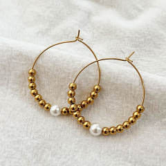 Concise pearl bead stainless steel hoop earrings