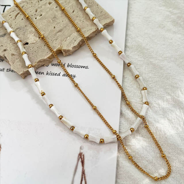 Summer white shell bamboo two layer stainless steel necklace