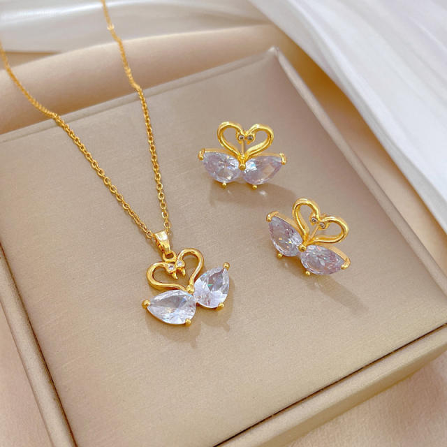 Dainty swan heart diamond stainless steel chain necklace set