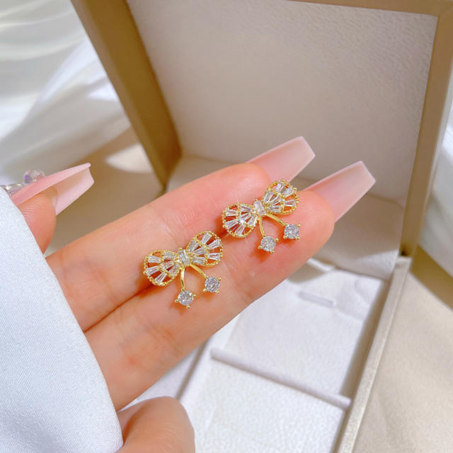 Dainty diamond bow stainless steel chain necklace set