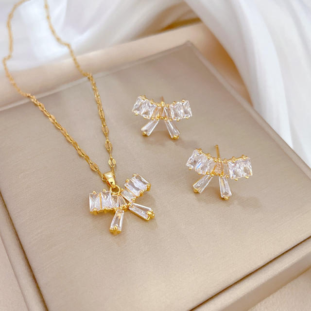 Decliate dainty diamond bow stainless steel chain necklace set