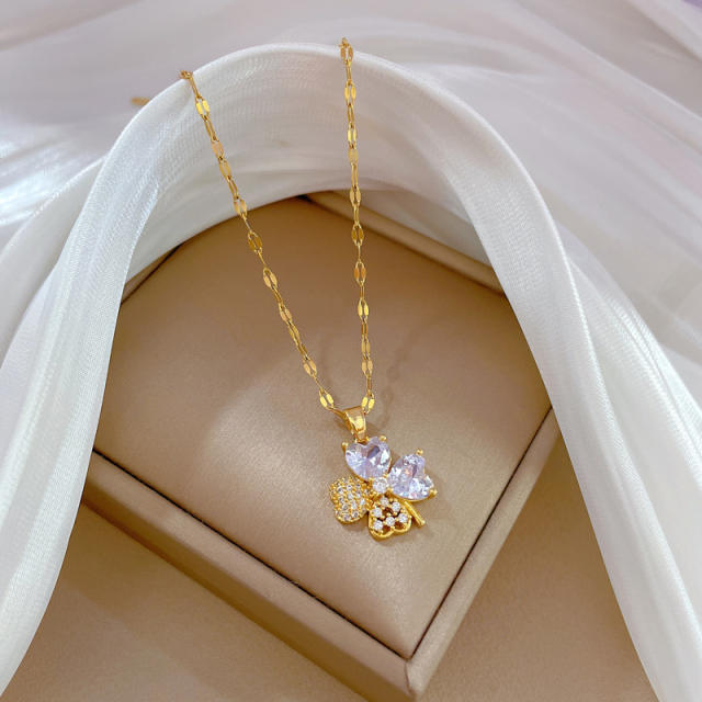 Dainty diamond clover stainless steel chain necklace set