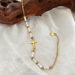 Holiday tiny side cross bamboo bead stainless steel bracelet