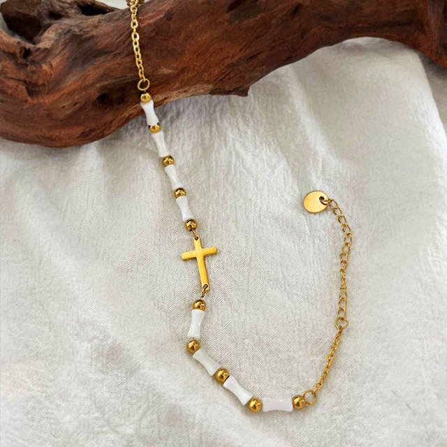 Holiday tiny side cross bamboo bead stainless steel bracelet