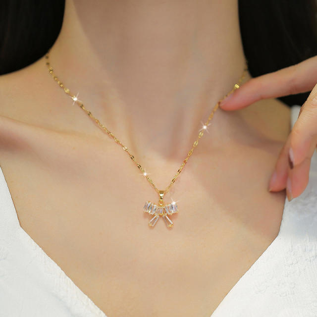 Decliate dainty diamond bow stainless steel chain necklace set