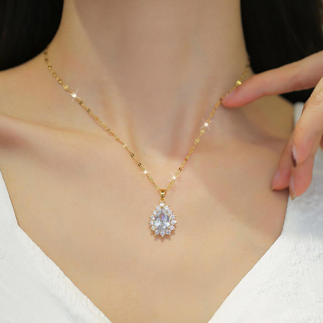 Delicate diamond drop stainless steel necklace set