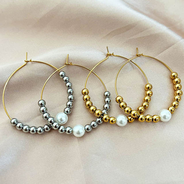 Concise pearl bead stainless steel hoop earrings