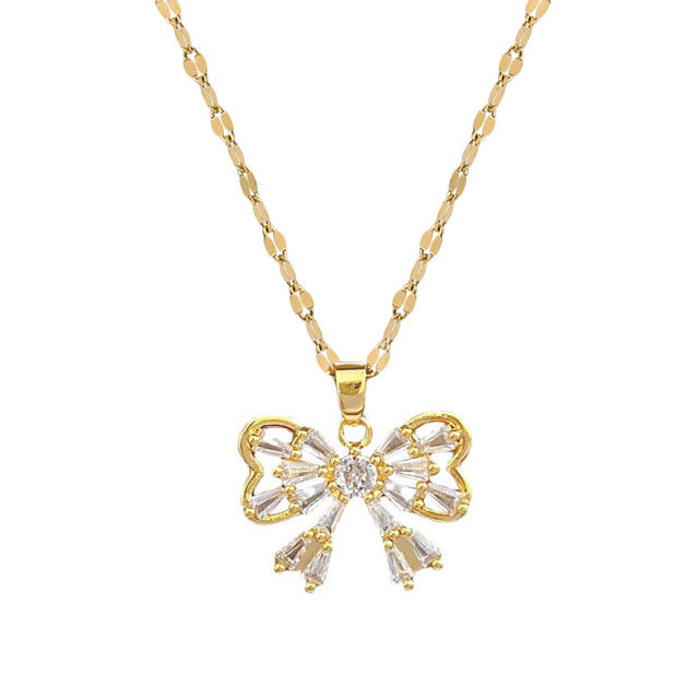 Dainty diamond bow stainless steel chain necklace set