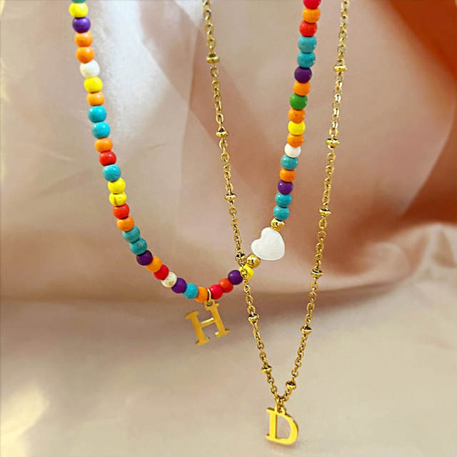 INS boho colorful seed bead initial letter stainless steel necklace
