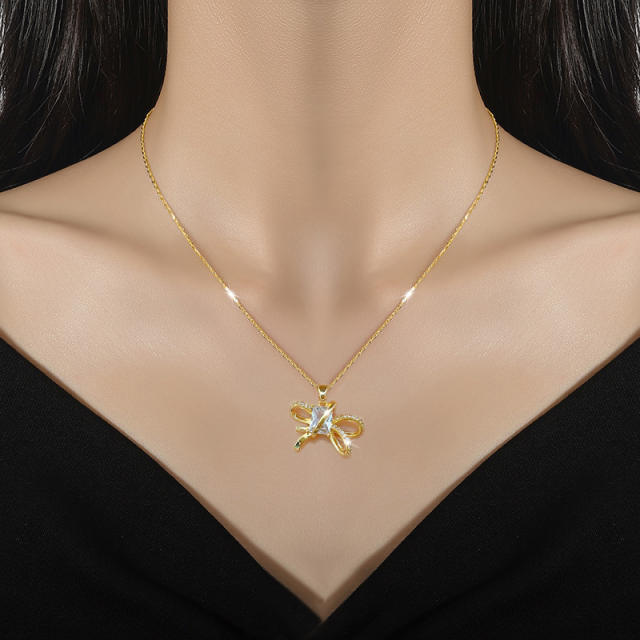 Dainty diamond bow stainless steel chain necklace set