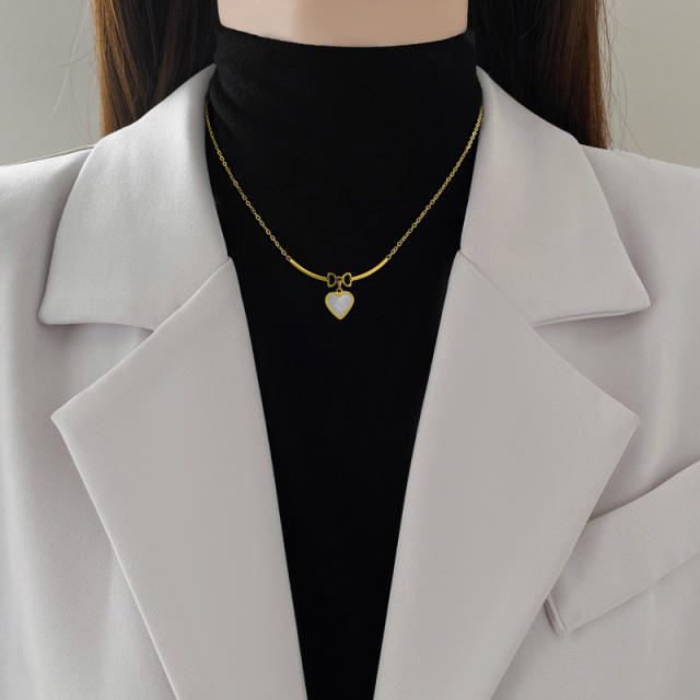 Delicate mother shell heart cute bow dainty stainless steel necklace